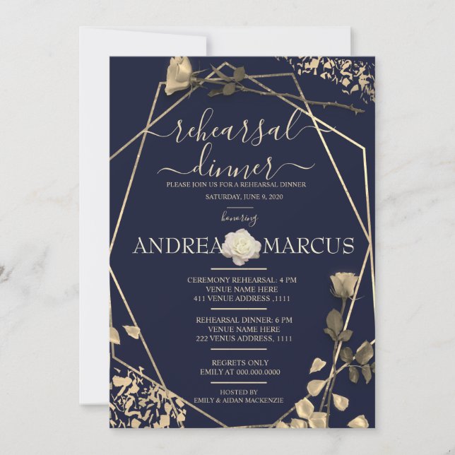 Carte Dîner de répétition Mariage en Bleu profond et Cha (Devant)