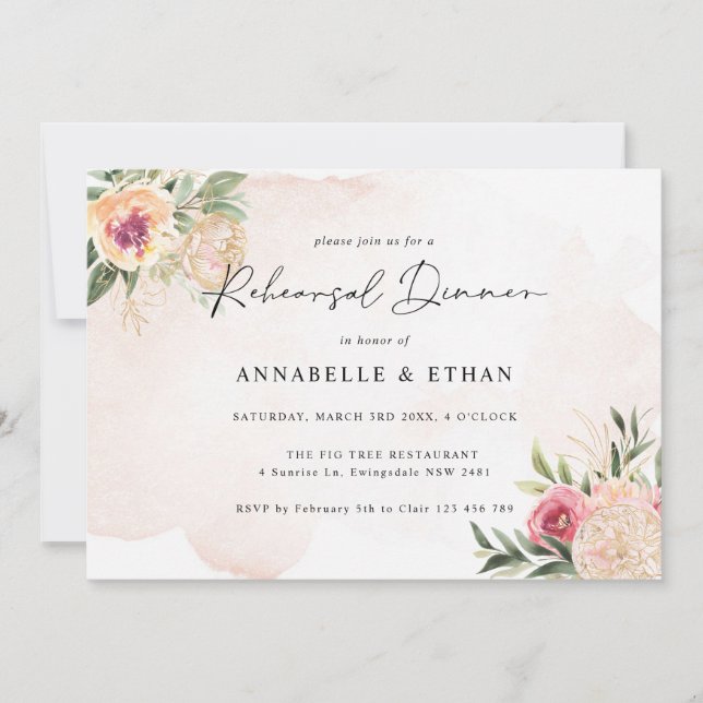 Carte Dîner de répétition Peony and Gold Foil Blooms (Devant)