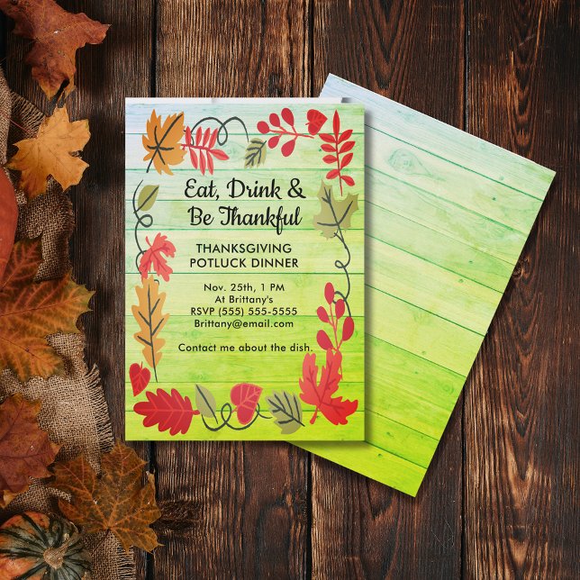 Carte Dîner Thanksgiving Potluck LT Green Wood Invitatio (Thanksgiving Potluck Dinner LT Green Wood Invite)