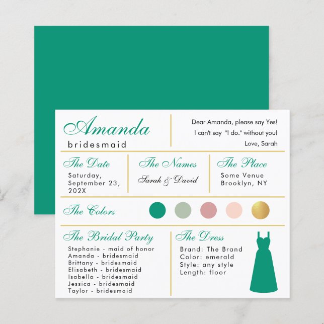 Carte d'information Bridesmaid Emerald Green Gold (Devant / Derrière)