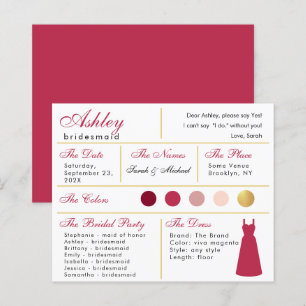 Carte d'information Bridesmaid Modern Magenta Gold
