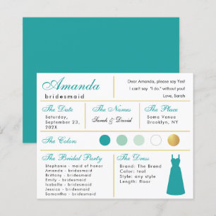 Carte d'information Bridesmaid Turquoise Faux Gold
