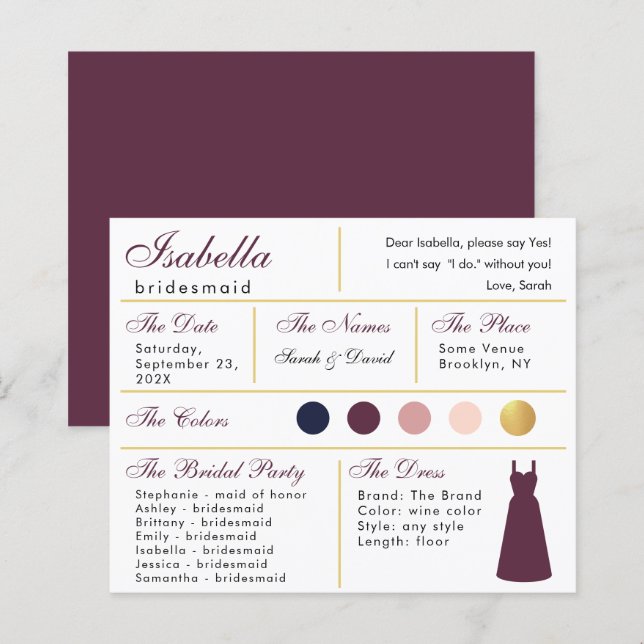 Carte d'information Bridesmaid Vin Couleur Faux Or (Devant / Derrière)