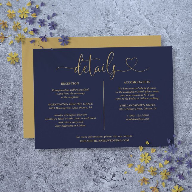 Carte d'information de détails de script bleu mari (Navy Blue And Gold Script Details Information Card)