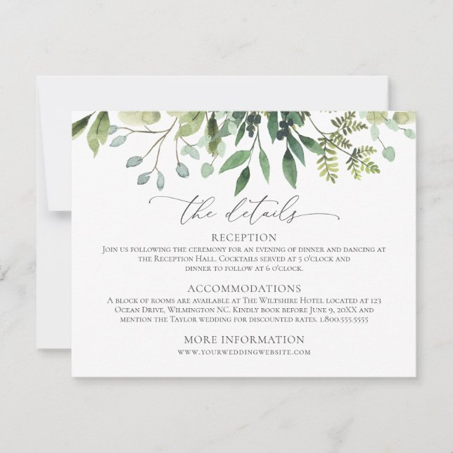 Carte d'information de mariage à la verdure aquare (Devant)