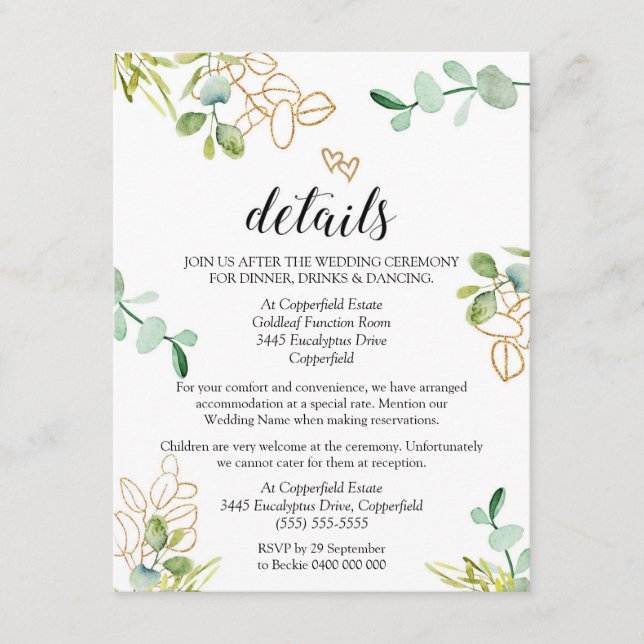 Carte d'information de mariage avec verdure Eucaly (Devant)