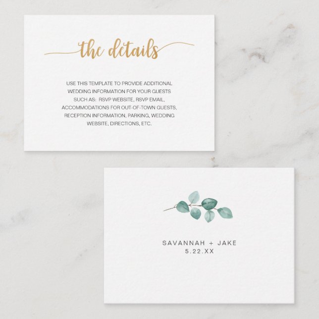 Carte d'information de mariage élégante Eucalyptus (Devant / Derrière)