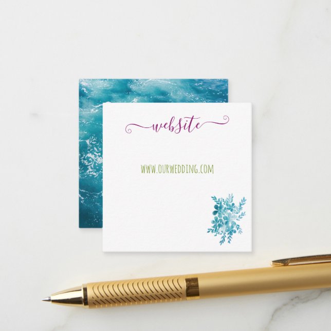 Carte d'information de mariage florale bleue océan (Devant/Arrière en situation)