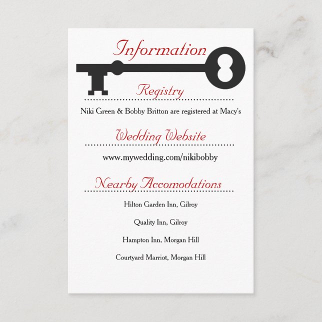 Carte d'information Mariage de clé Skeleton (Devant)