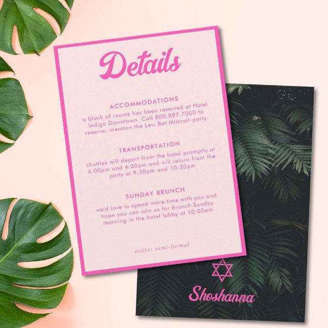 Carte d'information pour Bar Mitzvah Tropical Rose (Pink Tropical Bat Mitzvah Details Enclosure Card
)