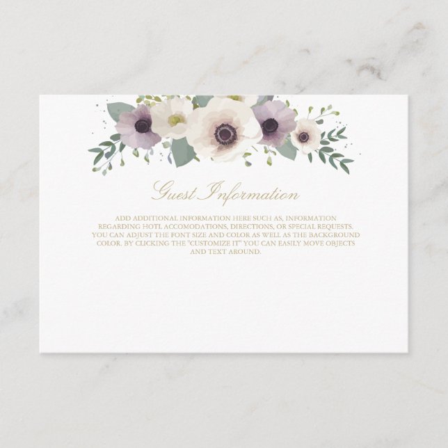 Carte d'information sur le bouquet d'anémones (Devant)
