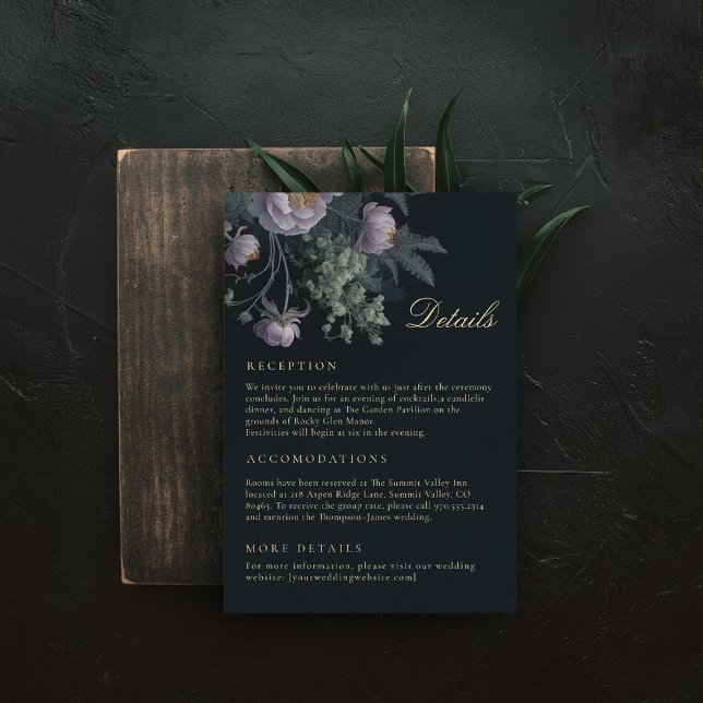 Carte d'information sur les détails du mariage ave (dark moody wedding details card reception accomodations lilac purple dusty peony painting romantic)