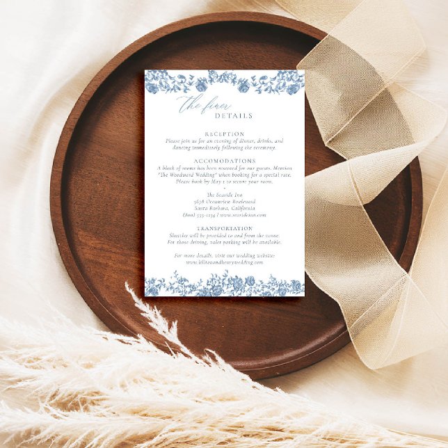Carte d'information sur les détails du mariage Dus (dusty blue wedding details toile de jouy chinoiserie french vintage floral frame formal modern class)