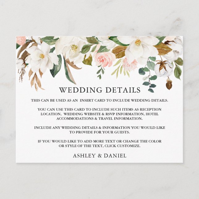 Carte d'informations Mariage Rose de Magnolias (Devant)