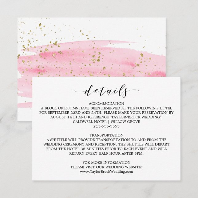 Carte d'informations sur le Mariage Aquarelle rose (Devant / Derrière)