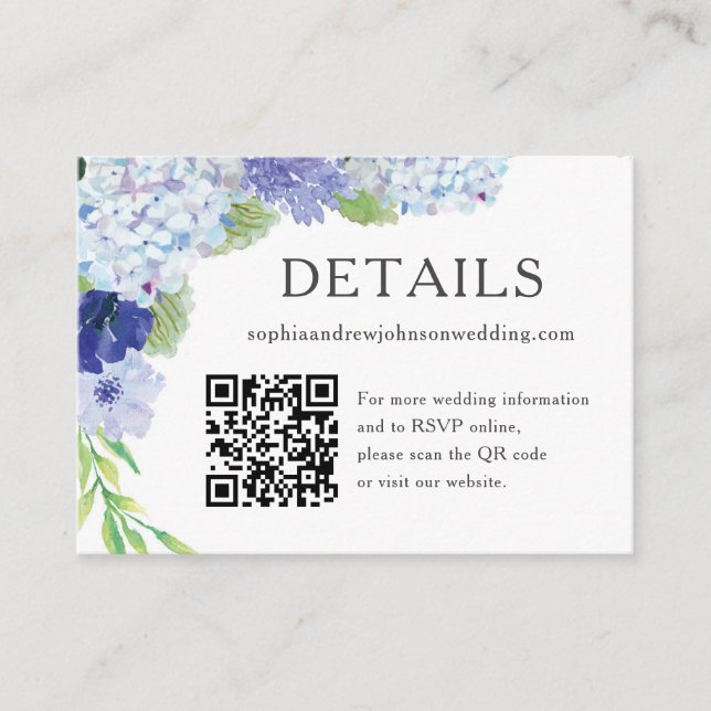 Carte d'informations sur le Mariage Blue Hydrangea (Devant)