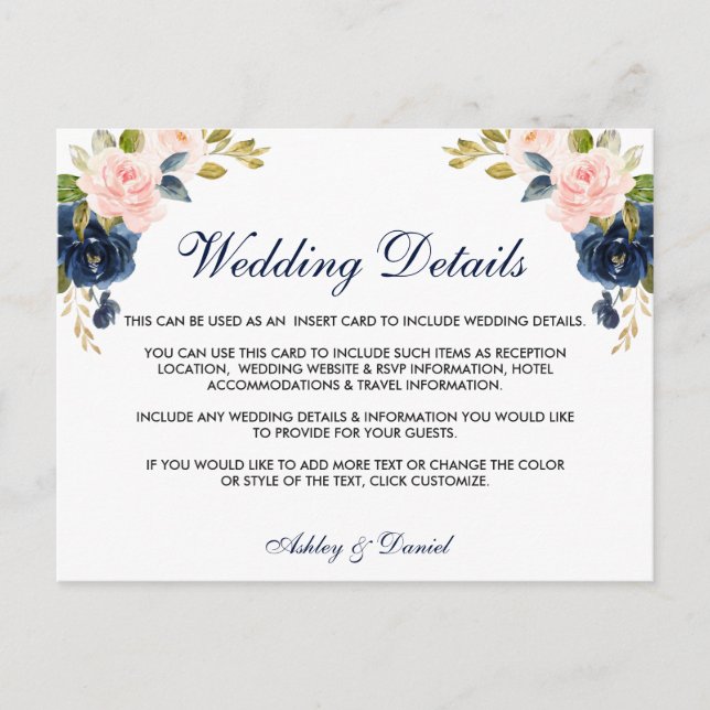 Carte d'informations sur le Mariage rose bleu flou (Devant)