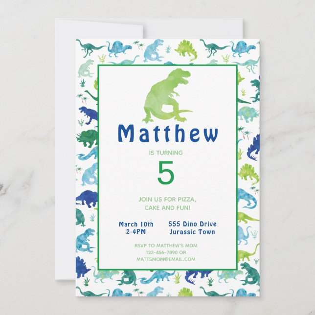 Carte Dinosaur Anniversaire Fête Aquarelle Enfants Invit (Devant)