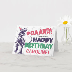 Carte Dinosaur T-Rex dans un Casquette de fête rose joye