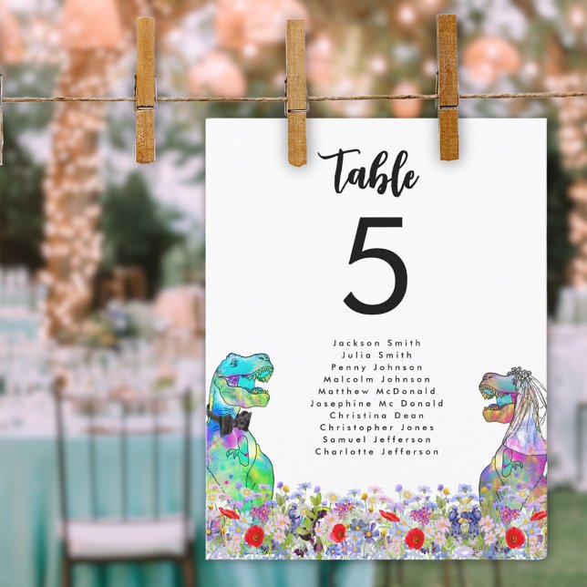 Carte Dinosaur thème Mariage Fleur sauvage Table (Dinosaur themed wedding colorful wildflower table seating chart)