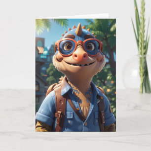 Carte Dinosaure avec lunettes de soleil souriant dehors 