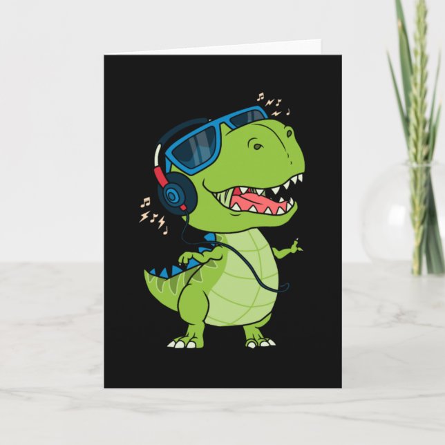 Carte dinosaure cool à l'écoute de la musique (Devant)