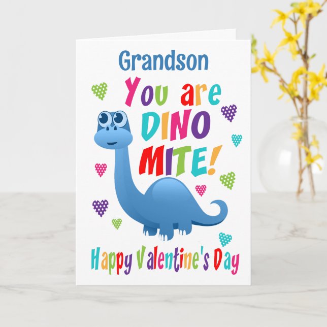 Carte Dinosaure de la fête des petits-fils Valentines (Fleur jaune)