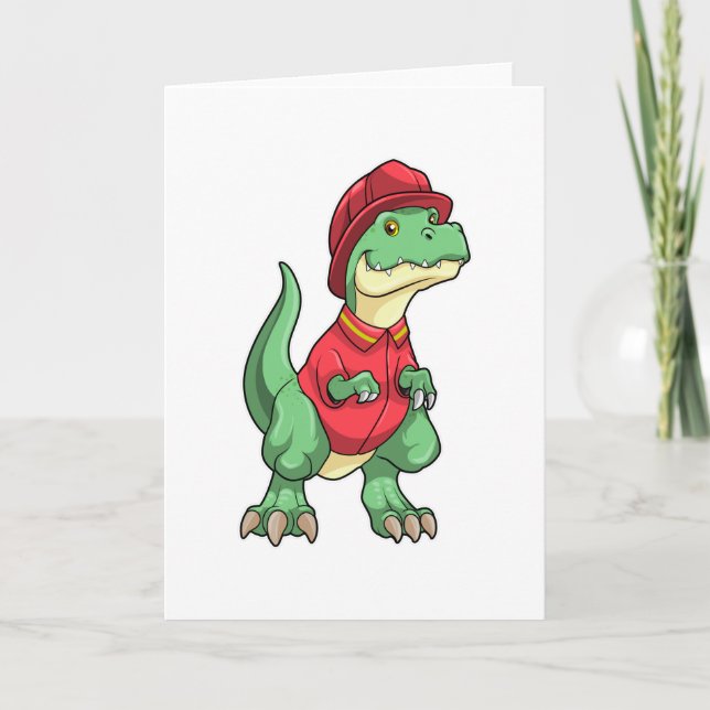 Carte Dinosaure en pompier avec casque de pompier (Devant)