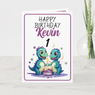Carte Dinosaures mignons blanc et violet garçon 1er anni