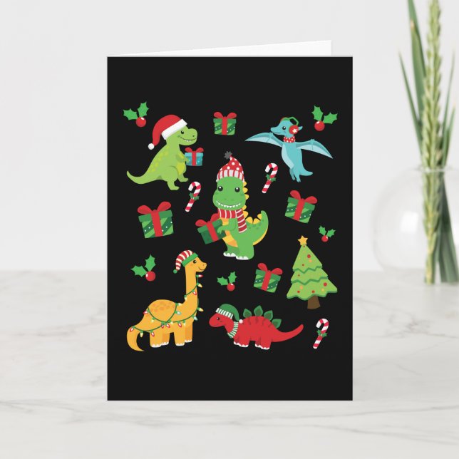 Carte Dinosaures mignons T-Rex Noël Famille assortie (Devant)