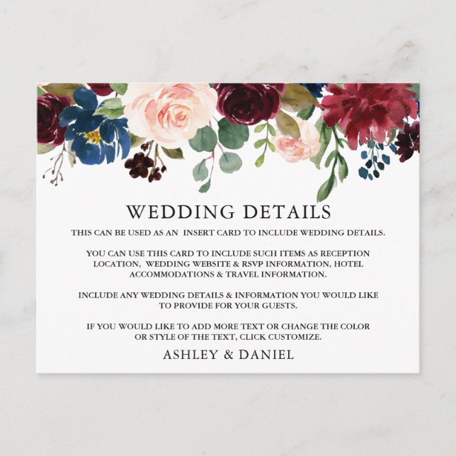 Carte d'insertion de détails de mariage à l'aquare (Devant)