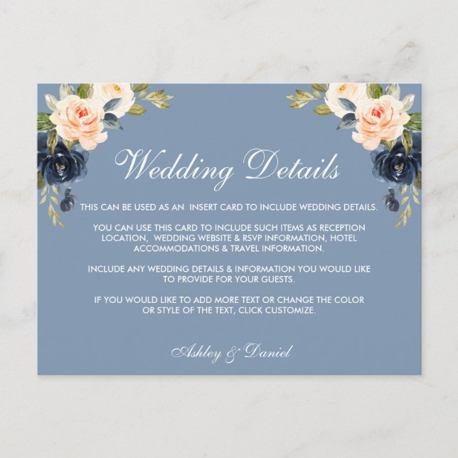 Carte d'insertion de détails de mariage Dusty Blue (Devant)