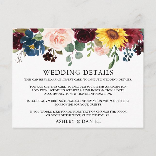 Carte d'insertion de détails de mariage floral à l (Devant)