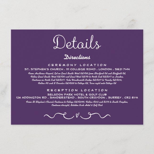 Carte d'insertion de détails mariage | Purple mode (Devant)