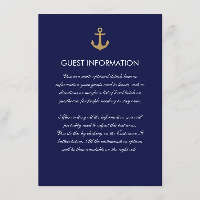 Carte d'insertion de Mariage d'Ancre bleu simple (Devant)
