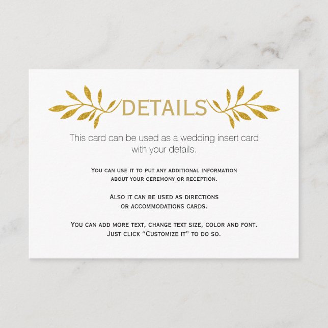 Carte d'insertion de mariage motif feuille Gold pa (Devant)