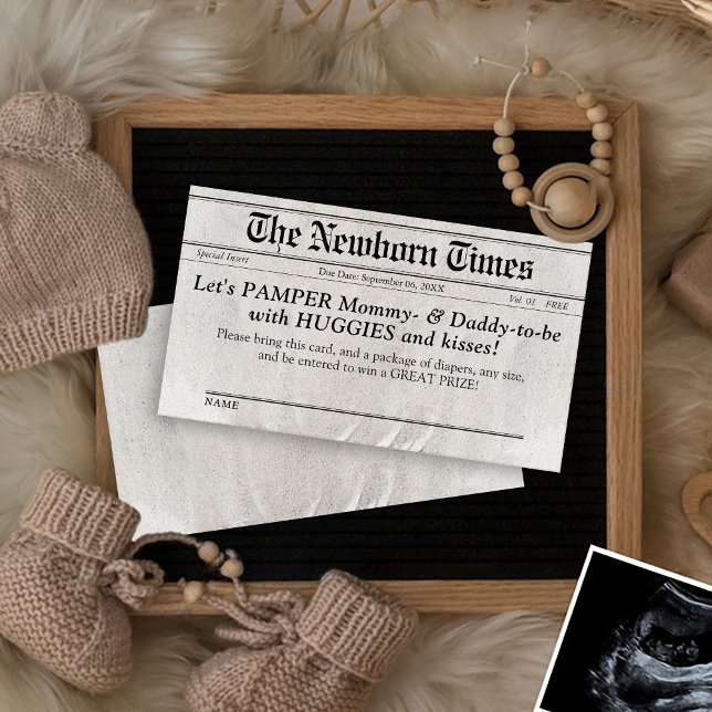 Carte d'insertion de papier journal chic rabat Dou (Cute The Newborn Times newspaper Couple's baby shower invite diaper raffle puns ticket insert card )