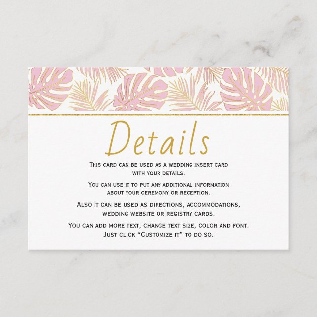 Carte d'insertion feuille rose et or mariage (Devant)