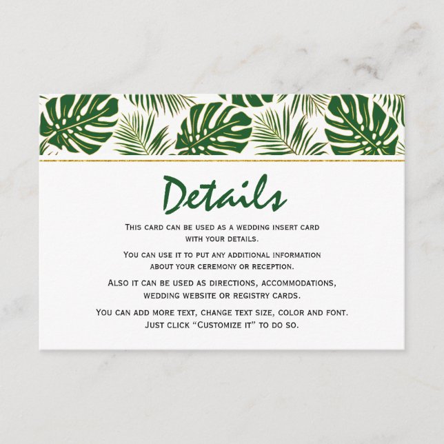 Carte d'insertion feuille vert et mariage or Tropi (Devant)