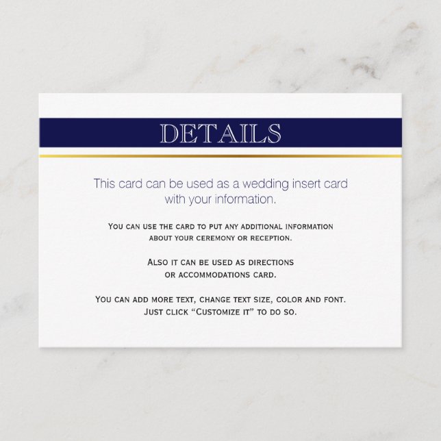Carte d'insertion mariage en or bleu marine et bla (Devant)