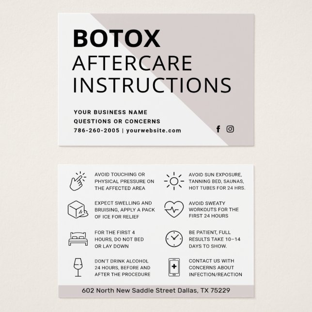 Carte d'instruction de post-soins d'injection Boto (Devant & derrière)