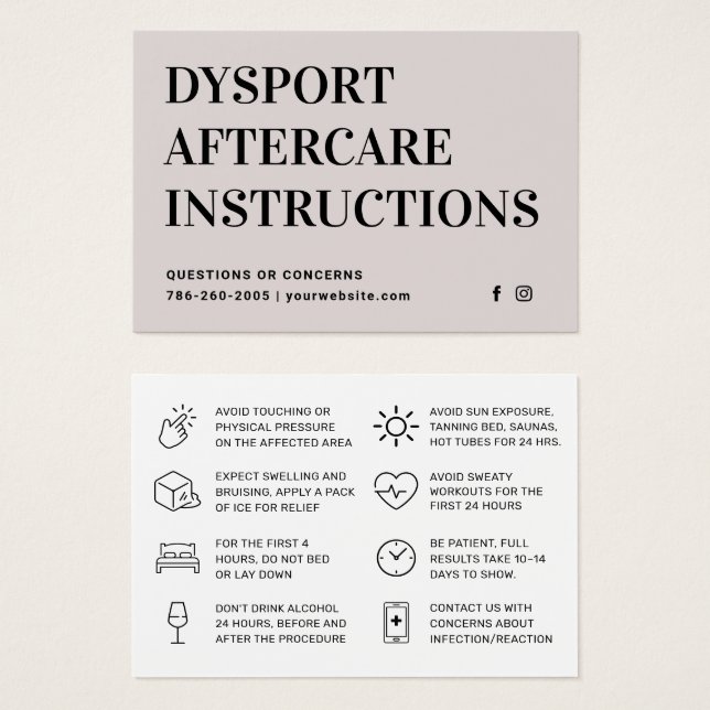 Carte d'instruction de suivi d'injection Dysport (Devant & derrière)