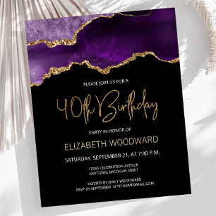 Carte d'invitation 40 ans Budget Violet Agate Or