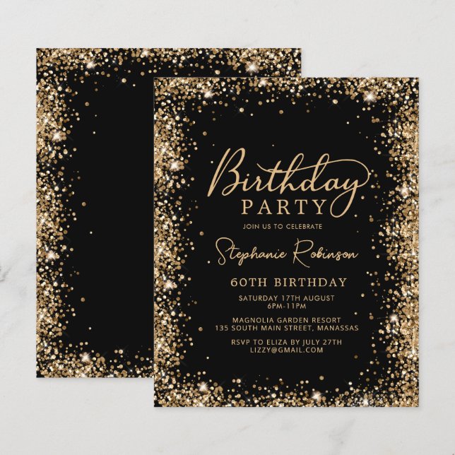 Carte d'invitation 60 ans Budget Black Gold Glitte (Devant / Derrière)