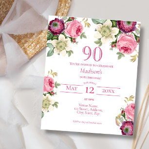 Carte d'invitation 90 ans Budget Magenta Floral