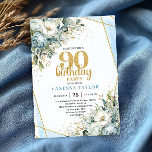 Carte d'invitation 90 ans Fleurs Bleues Dorées Bri