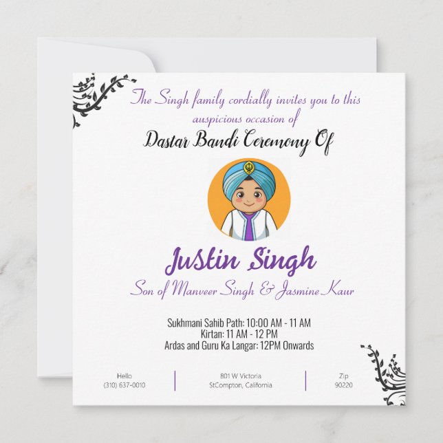 Carte d'invitation à la cérémonie de Dastar Bandi (Devant)