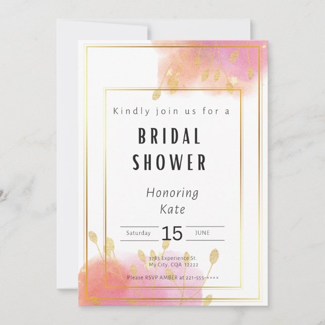 Carte d'invitation à la douche nuptiale rose et or (Devant)