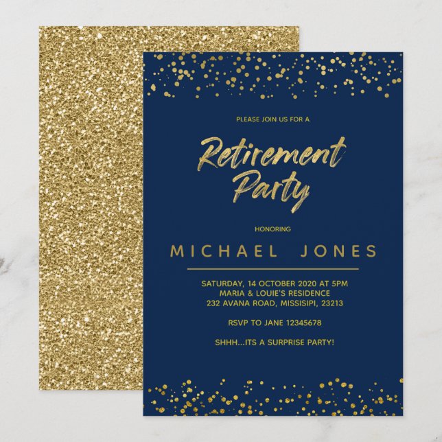 Carte d'invitation à la retraite Gold Surprise (Devant / Derrière)