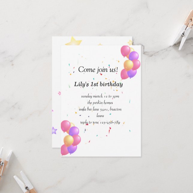 Carte d'invitation à l'anniversaire de ballon pour (Devant/Arrière en situation)